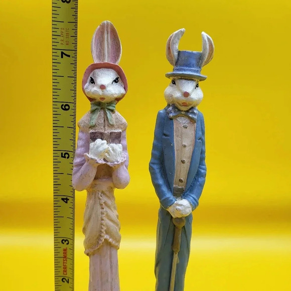 Easter Mr Mrs Bunny Rabbit Pencil Figurine Set of 2 Tall Skinny 7.5 Inch - Picture 6 of 6